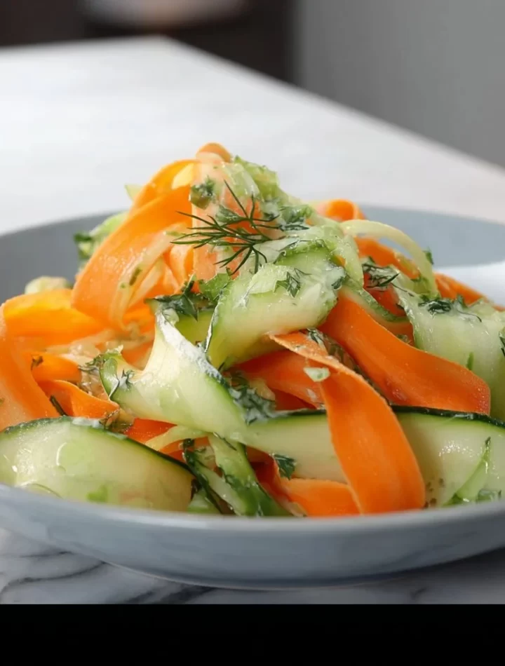 Carrot and cucumber ribbon salad with fresh vegetables and herbs