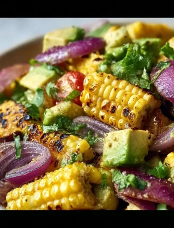 Charred corn avocado salad with roasted red onions served in a bowl