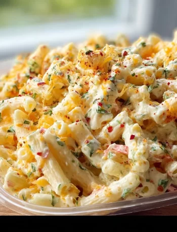 Delicious Cheddar Sour Cream Macaroni Salad served in a bowl