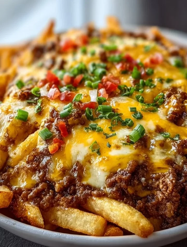 Delicious Cheeseburger Casserole topped with golden french fries and melted cheese