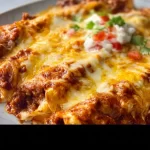 Cheesy beef enchiladas topped with melted cheese and fresh ingredients.