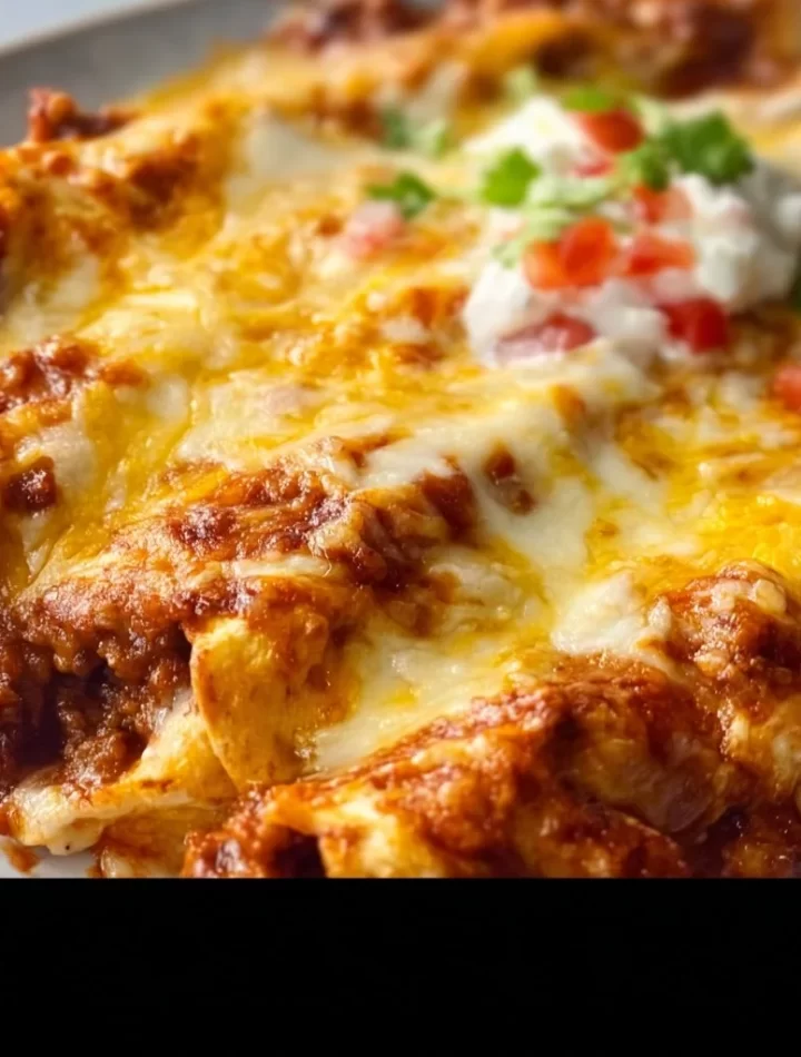 Cheesy beef enchiladas topped with melted cheese and fresh ingredients.