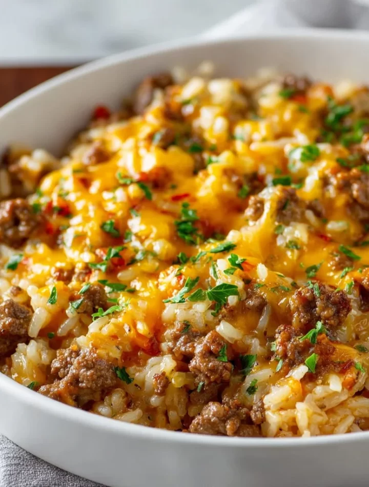 Cheesy ground beef and rice casserole baked in a dish