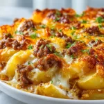 Cheesy hamburger potato casserole served in a dish garnished with herbs