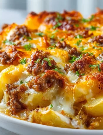 Cheesy hamburger potato casserole served in a dish garnished with herbs