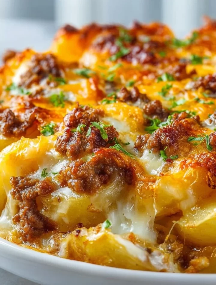 Cheesy hamburger potato casserole served in a dish garnished with herbs