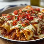 Delicious cheesy pizza enchiladas with toppings and melted cheese