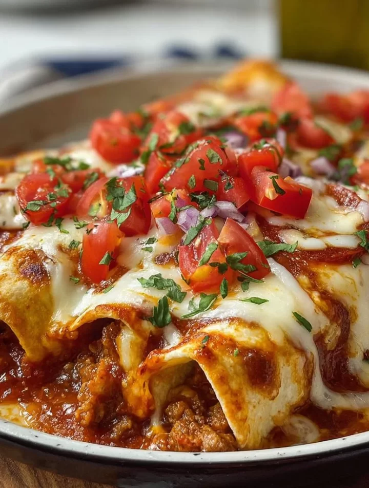 Delicious cheesy pizza enchiladas with toppings and melted cheese