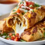 Cheesy taco sticks served on a plate with dipping sauce