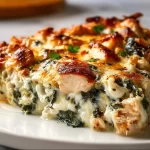 Creamy Chicken Spinach Casserole with cream cheese baked in a dish