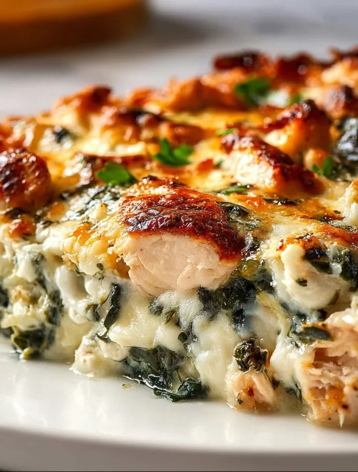 Creamy Chicken Spinach Casserole with cream cheese baked in a dish