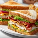 Delicious Chicken Club Sandwiches with bacon and fresh vegetables