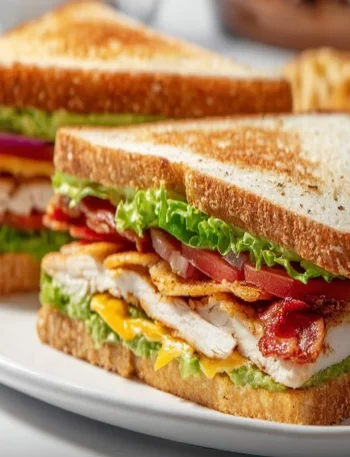 Delicious Chicken Club Sandwiches with bacon and fresh vegetables
