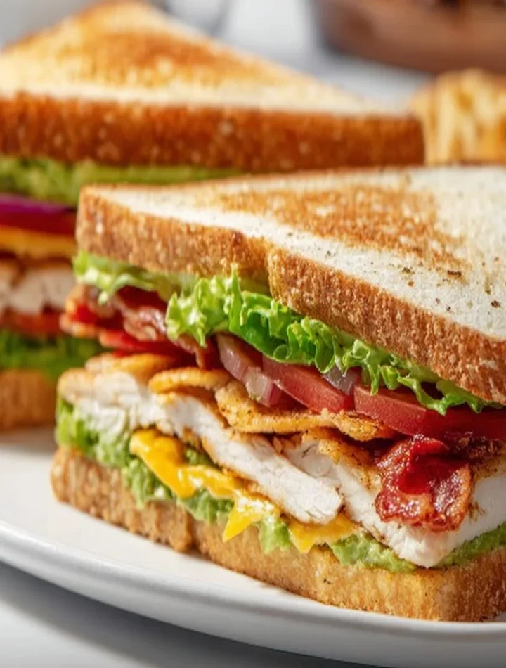 Delicious Chicken Club Sandwiches with bacon and fresh vegetables