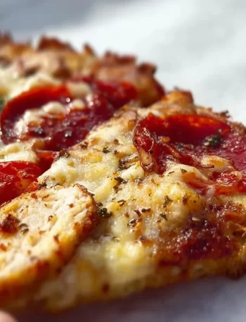 Sliced Chicken Crust Pizza topped with fresh ingredients and cheese