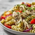 Colorful Chicken Pesto Pasta Salad with fresh vegetables and herbs