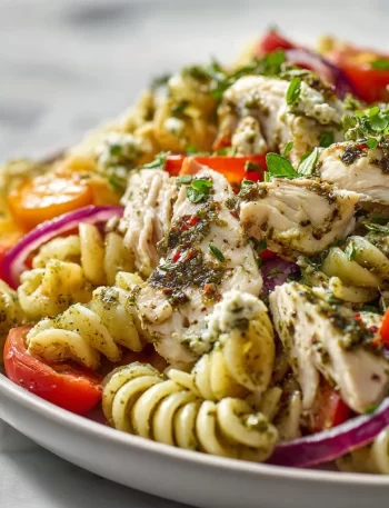 Colorful Chicken Pesto Pasta Salad with fresh vegetables and herbs