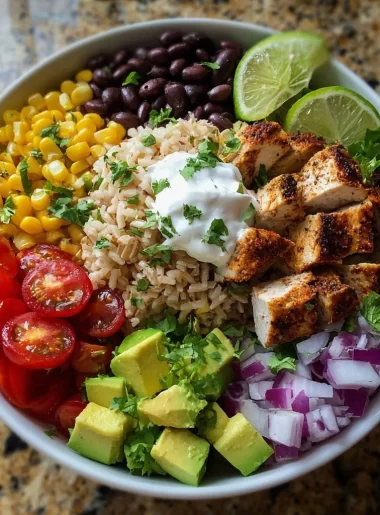 Delicious Chicken Taco Bowl with Brown Rice topped with fresh ingredients