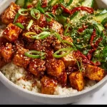 Colorful Chili Crunch Tofu Bowl with vegetables and spices for a healthy meal