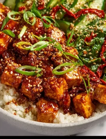 Colorful Chili Crunch Tofu Bowl with vegetables and spices for a healthy meal