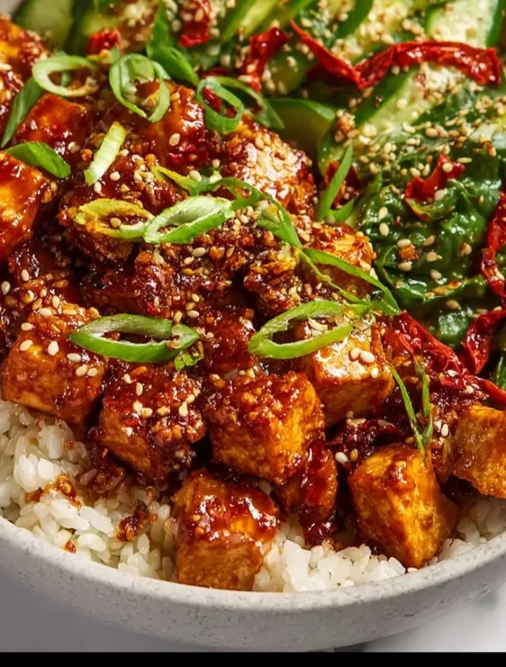Colorful Chili Crunch Tofu Bowl with vegetables and spices for a healthy meal