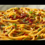 Plate of Chili Oil Garlic Butter Pasta topped with fresh herbs