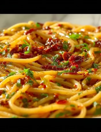 Plate of Chili Oil Garlic Butter Pasta topped with fresh herbs