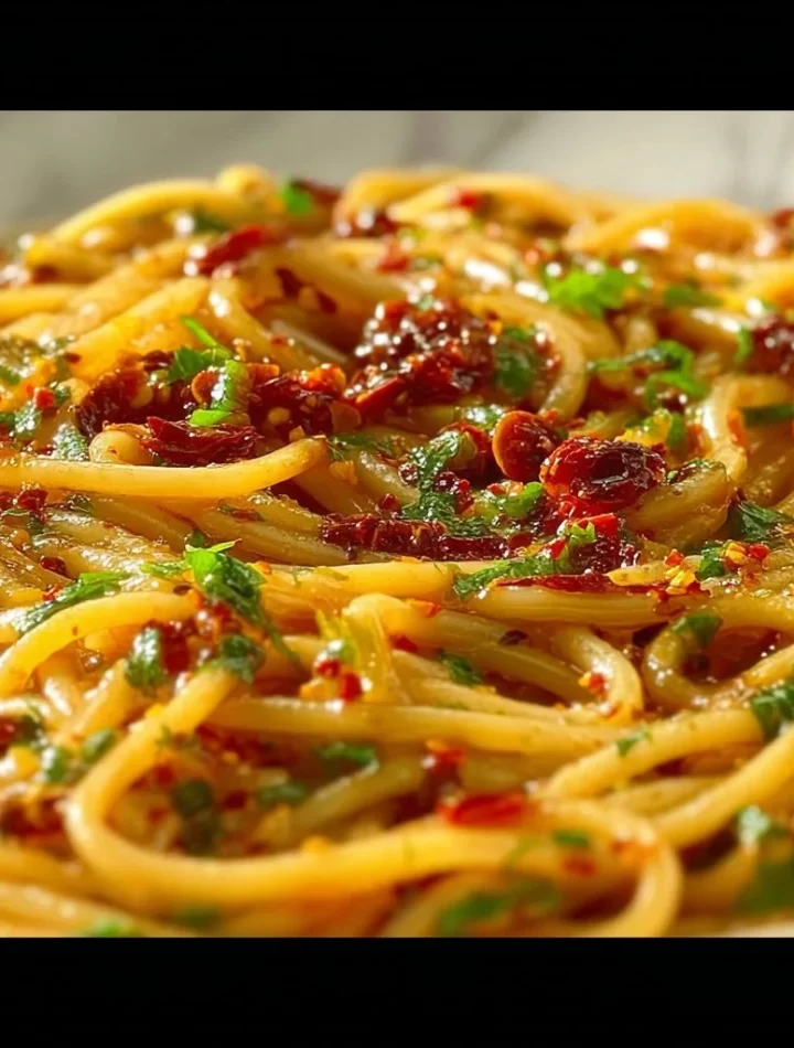 Plate of Chili Oil Garlic Butter Pasta topped with fresh herbs