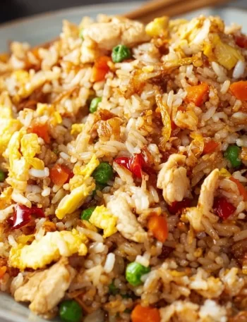 Bowl of delicious Chinese chicken fried rice with chicken, vegetables, and soy sauce
