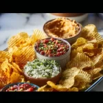 Delicious chips and dip platter with various dips and fresh ingredients