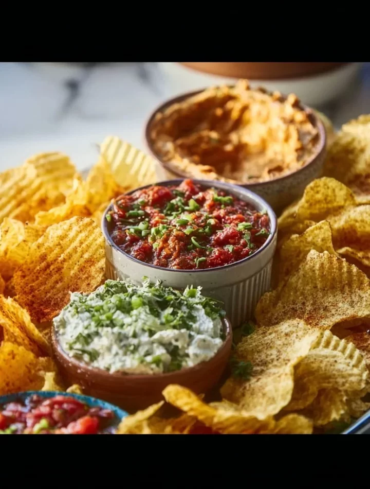 Delicious chips and dip platter with various dips and fresh ingredients