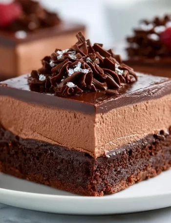 Delicious chocolate mousse brownies topped with creamy mousse layer.