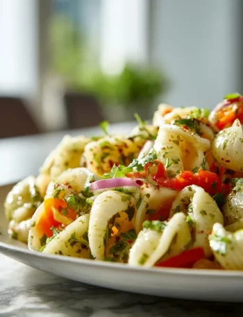 Colorful Cilantro Lime Pasta Salad with fresh vegetables and lime dressing