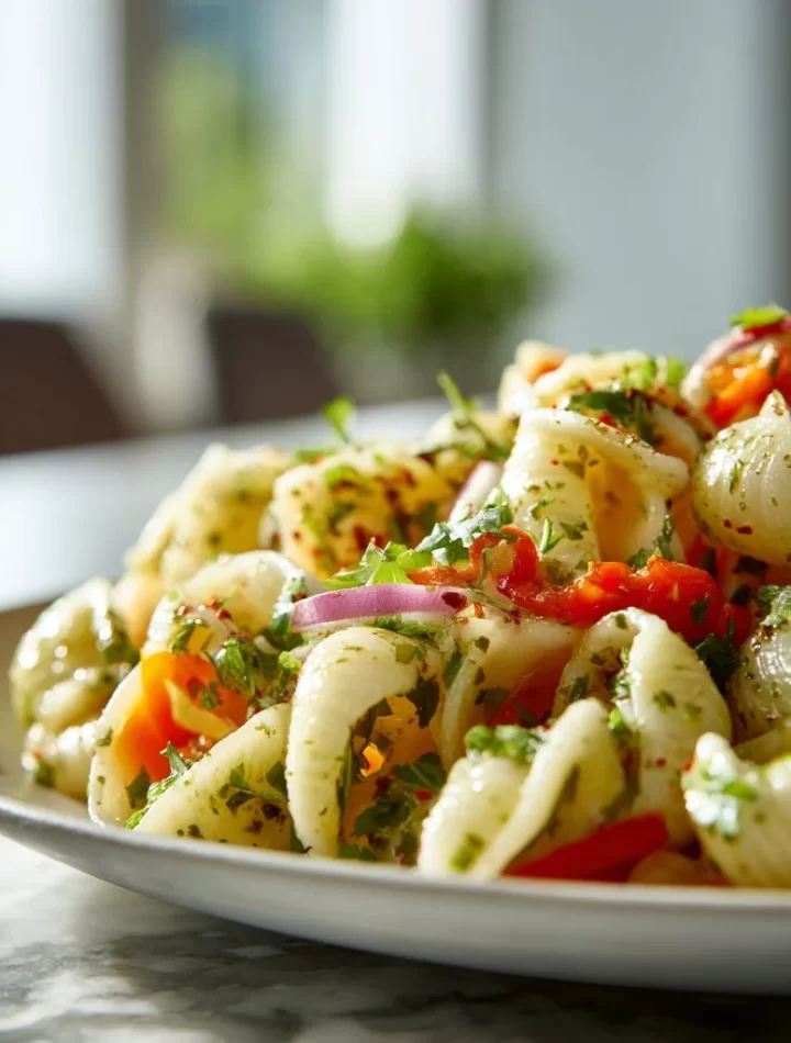 Colorful Cilantro Lime Pasta Salad with fresh vegetables and lime dressing