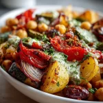 Colorful plate of classic Mediterranean roasted vegetables including zucchini and bell peppers.