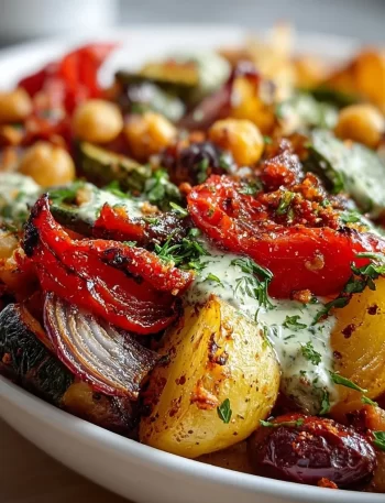 Colorful plate of classic Mediterranean roasted vegetables including zucchini and bell peppers.
