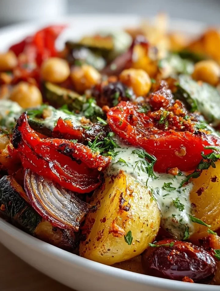 Colorful plate of classic Mediterranean roasted vegetables including zucchini and bell peppers.
