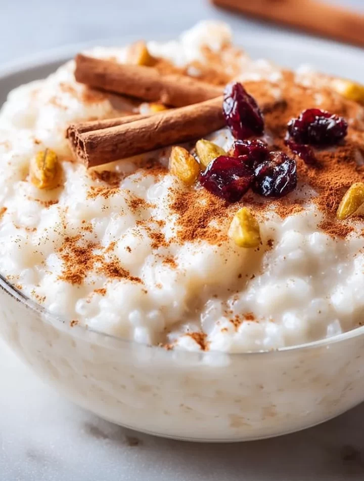 Bowl of creamy classic rice pudding topped with a sprinkle of cinnamon