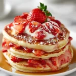 Fluffy classic strawberry pancakes served with fresh strawberries