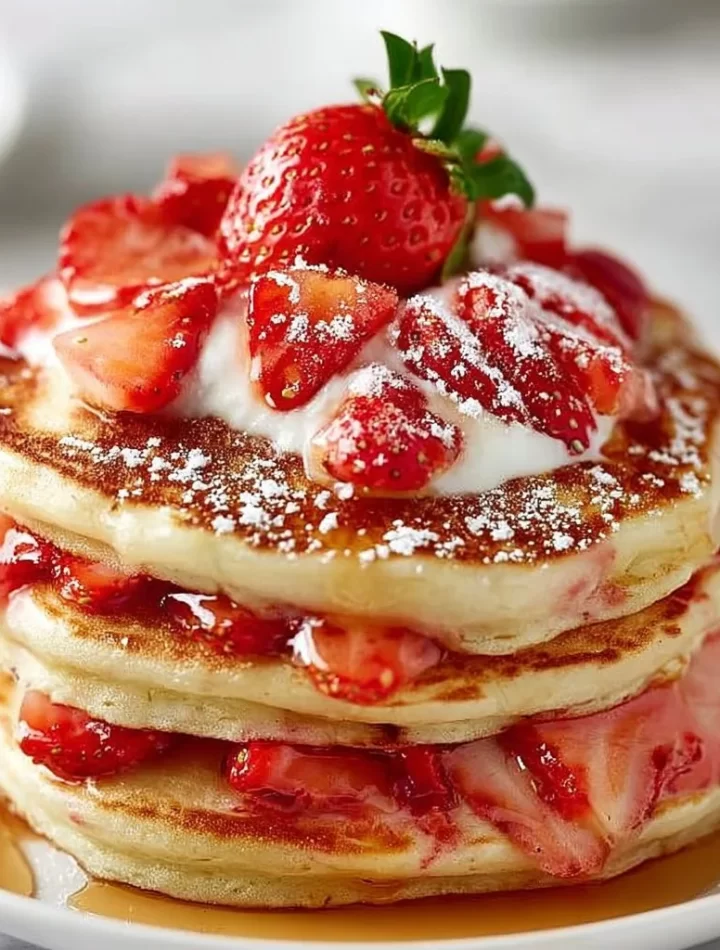 Fluffy classic strawberry pancakes served with fresh strawberries