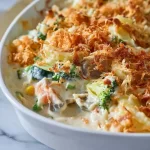 Delicious creamy veggie casserole topped with breadcrumbs and fresh herbs