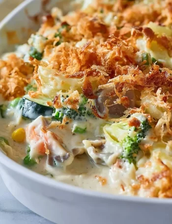 Delicious creamy veggie casserole topped with breadcrumbs and fresh herbs