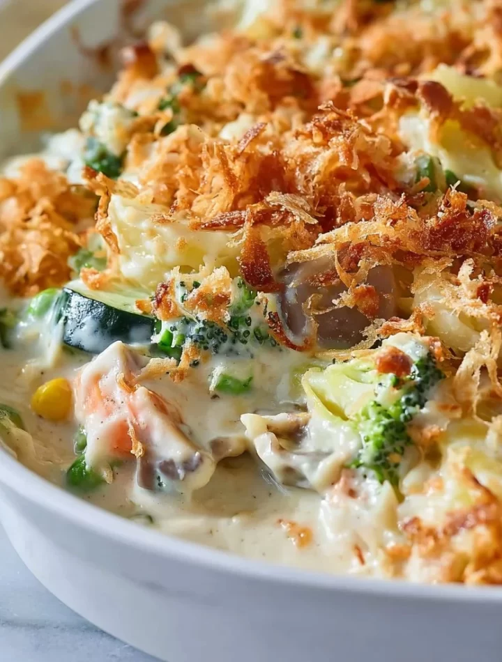 Delicious creamy veggie casserole topped with breadcrumbs and fresh herbs