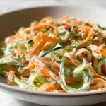 Creamy cucumber and carrot salad served in a bowl with fresh herbs.