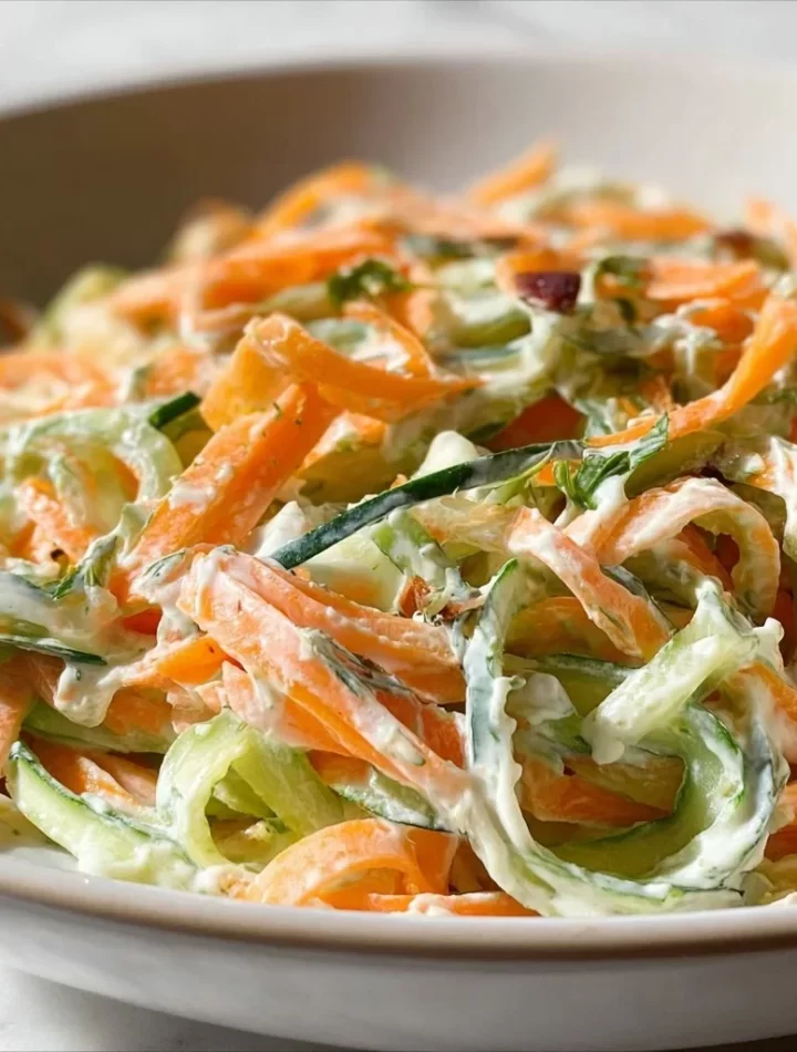 Creamy cucumber and carrot salad served in a bowl with fresh herbs.