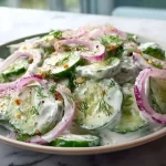 Creamy cucumber salad with Greek yogurt dressing served in a bowl