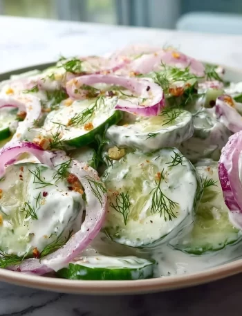 Creamy cucumber salad with Greek yogurt dressing served in a bowl