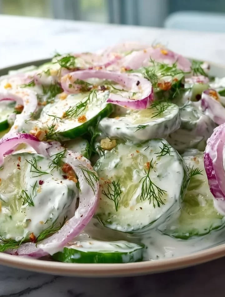Creamy cucumber salad with Greek yogurt dressing served in a bowl