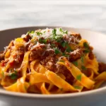 Creamy Fettuccine Bolognese with rich sauce and herbs on a plate