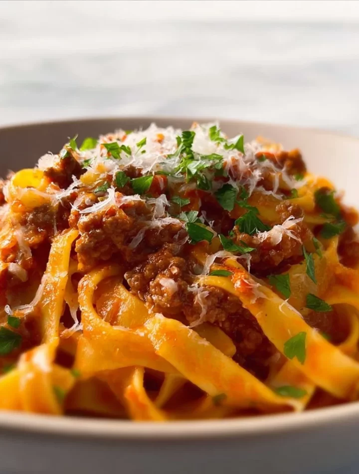 Creamy Fettuccine Bolognese with rich sauce and herbs on a plate